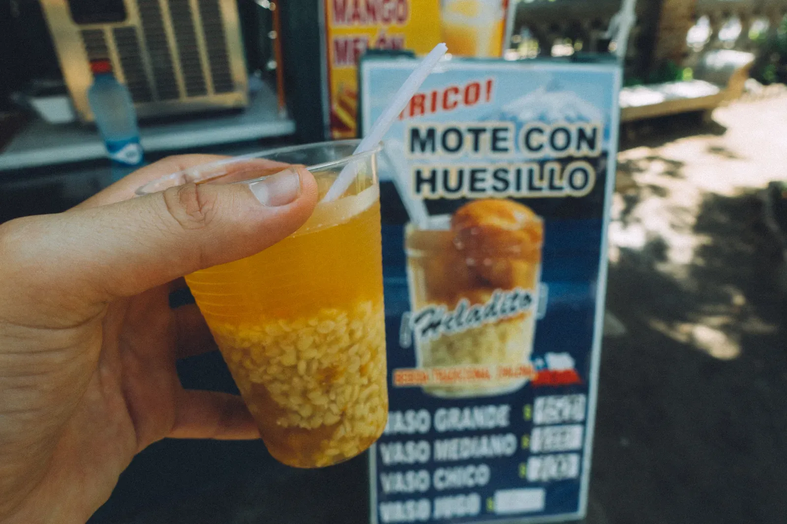 Trying to local drink, Mote con Huesillo