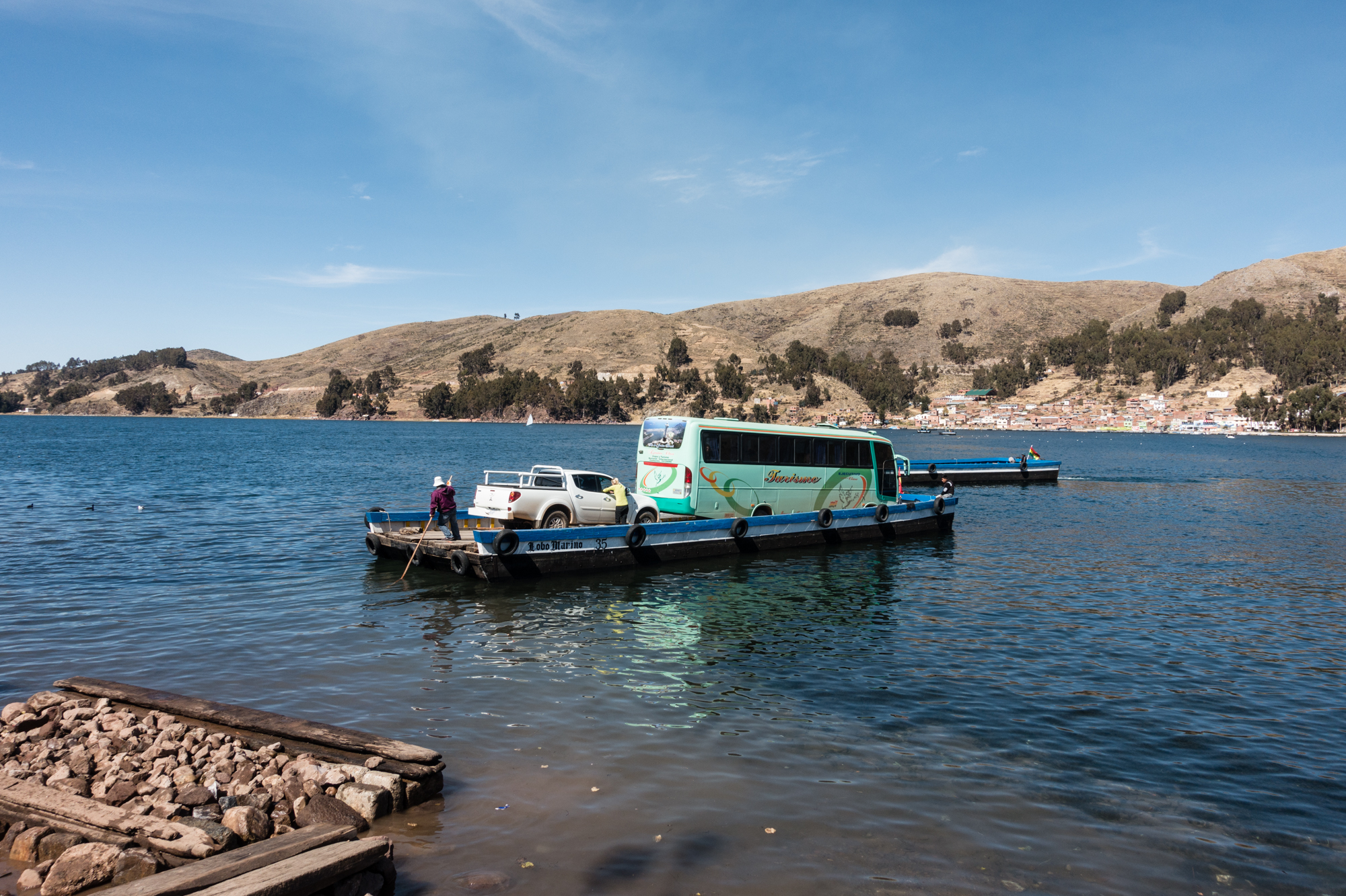 On the way to Copacabana, our bus had to take the boat as well...